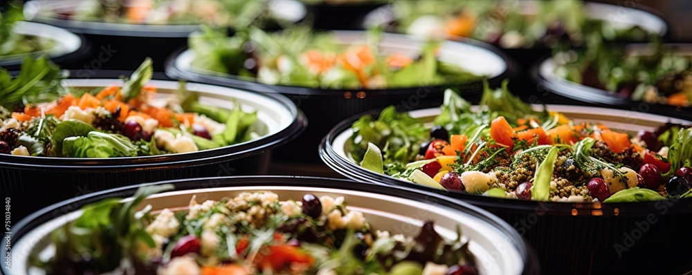 Catering meals prepared for guests at a wedding or hotel dinner. Healthy salads and other vegetables Catering meals prepared for guests at a wedding or hotel dinner. Healthy salads and other vegetables