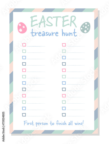 Easter treasure hunt list. Easter scavenger hunt template. Blank list printable. Vector illustration.