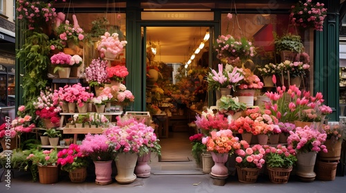 Flower shop in Paris, France. Flowers in pots on the street