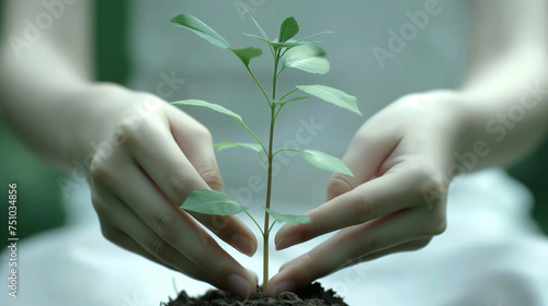 A person is holding a small plant in their hands photo