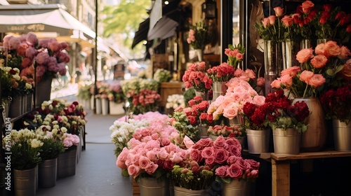 Flowers at a market in Paris, France. Blurred background © Iman