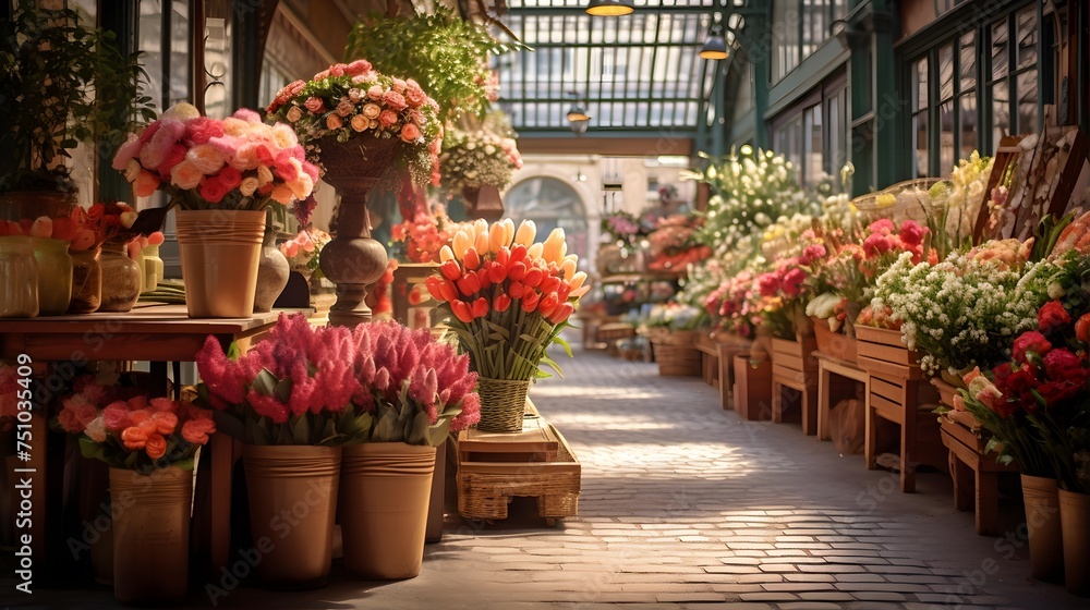 Flowers in pots in a row in a street market. Blurred background