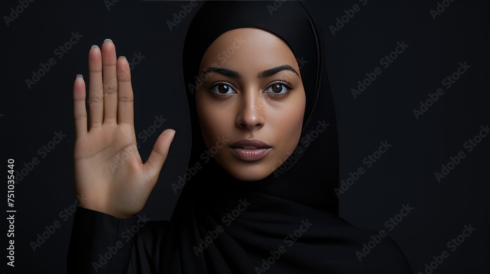 Woman show palm hand against racial gender discrimination