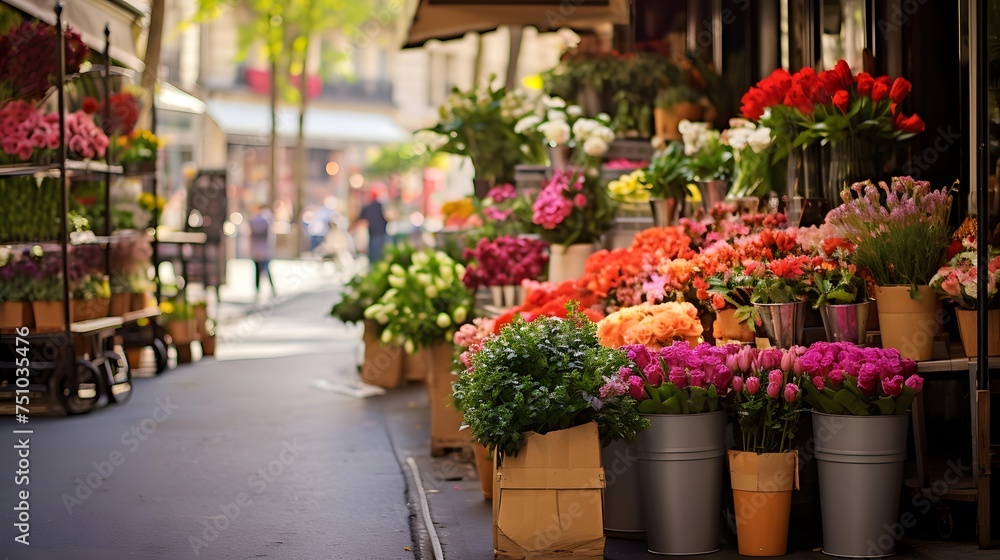 Flowers in pots on the street in Paris, France. Panorama