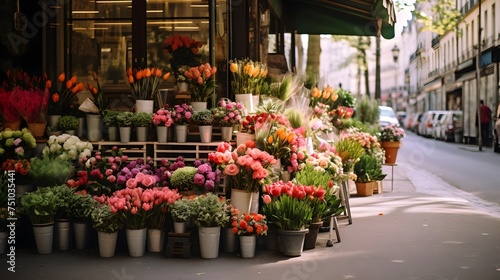 Flowers in pots on the streets of Paris  France. Panorama
