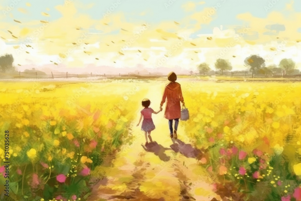 Mother and child stroll through field of flowers in beautiful natural landscape