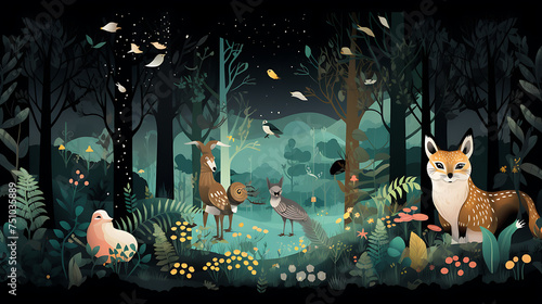 A vector graphic of an enchanted woodland with talking animals.