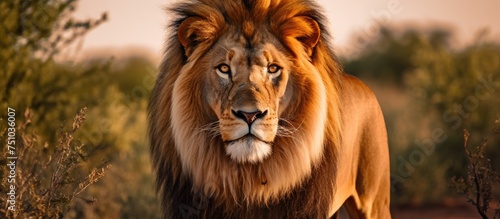 A large, wild male lion is majestically walking through a vibrant, green field. The lions mane blows in the wind as it moves gracefully through the tall grasses.