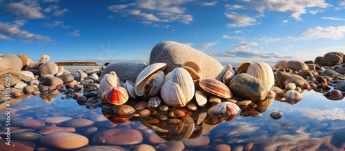 A cluster of rocks and seashells perched on the surface of a body of water under a beautiful blue sky. The rocks create a striking contrast against the water, showcasing the beauty of natures elements