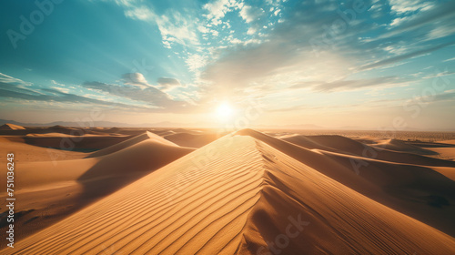 A vast and untouched desert landscape  with undulating dunes and an infinite horizon  evoking a sense of freedom and adventure.