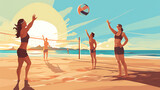 A vector graphic of a group of friends playing beach volleyball.