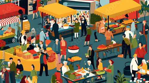 A vector graphic of a group of people in a busy market.