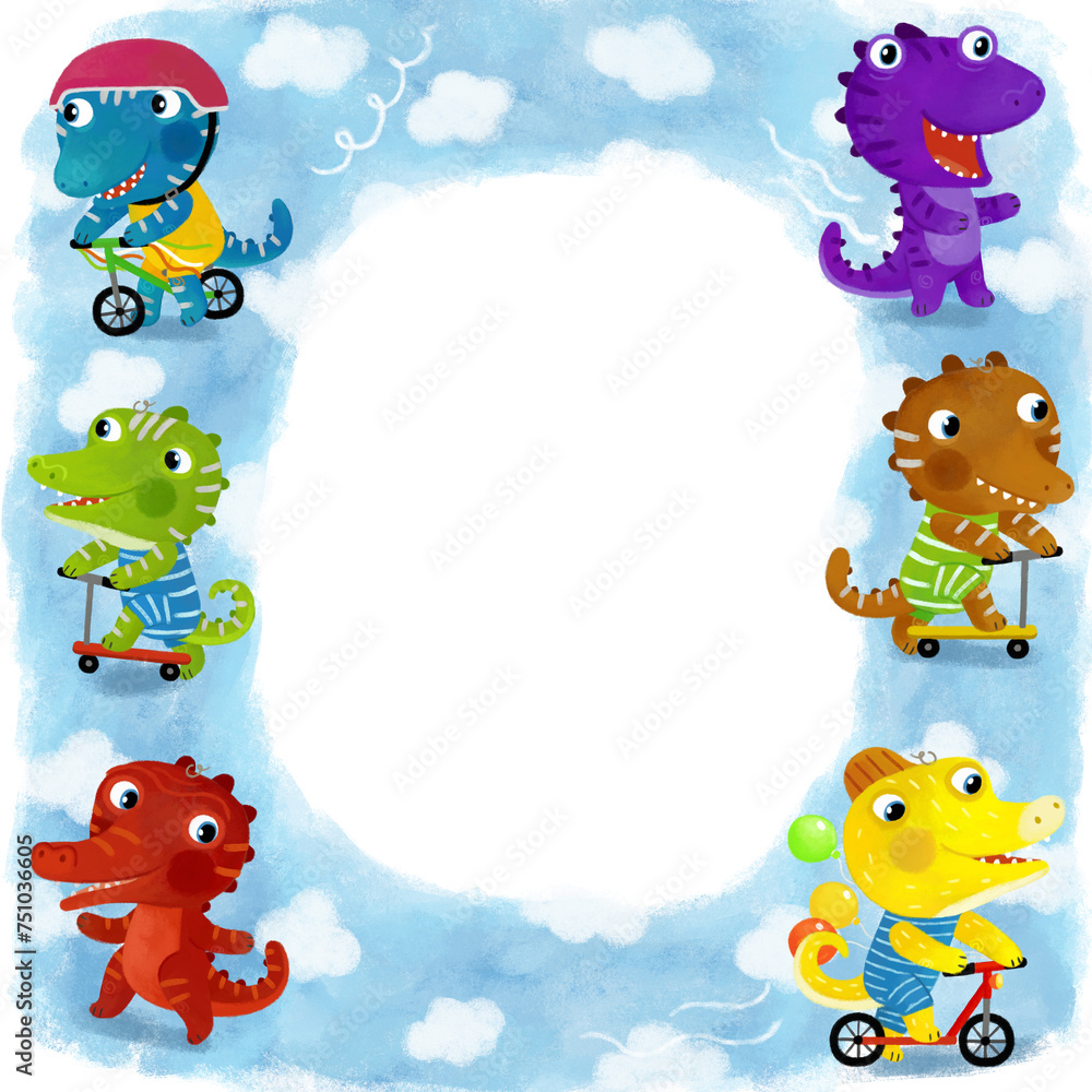 cartoon scene with frame with dinos dinosaurs or dragons playing having fun on white background illustration for children cartoon scene with frame with dinos dinosaurs or dragons playing having fun on white background illustration for children
