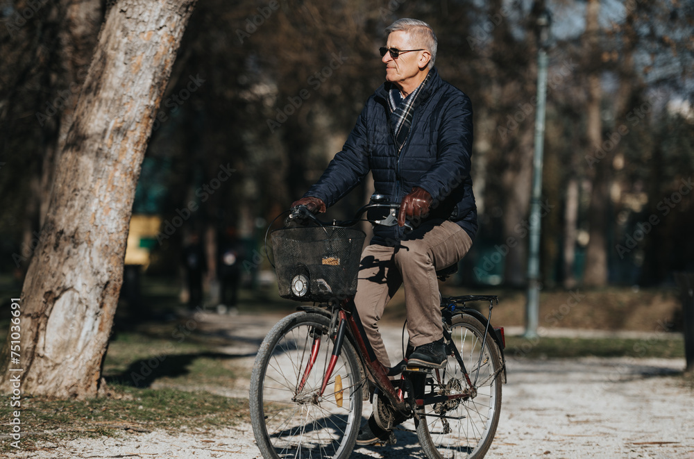 Senior man enjoying a leisurely bike ride in a peaceful park setting.