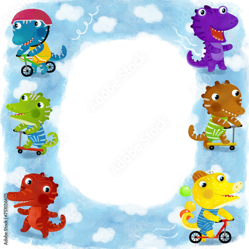 cartoon scene with frame with dinos dinosaurs or dragons playing having fun on white background illustration for children