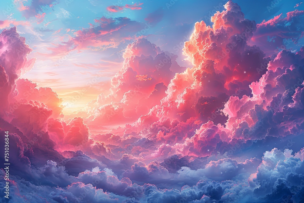 a painting of clouds over a blue background, in the style of colorful fantasy, pink and azure, detailed dreamscapes, vibrant illustrations, high-angle. Generative AI a painting of clouds over a blue background, in the style of colorful fantasy, pink and azure, detailed dreamscapes, vibrant illustrations, high-angle. Generative AI