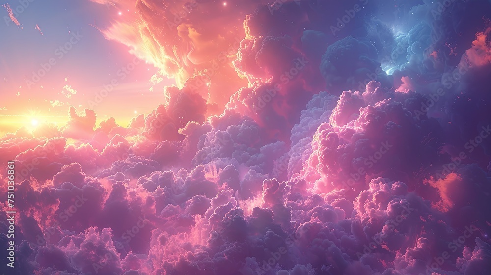 a painting of clouds over a blue background, in the style of colorful fantasy, pink and azure, detailed dreamscapes, vibrant illustrations, high-angle. Generative AI a painting of clouds over a blue background, in the style of colorful fantasy, pink and azure, detailed dreamscapes, vibrant illustrations, high-angle. Generative AI