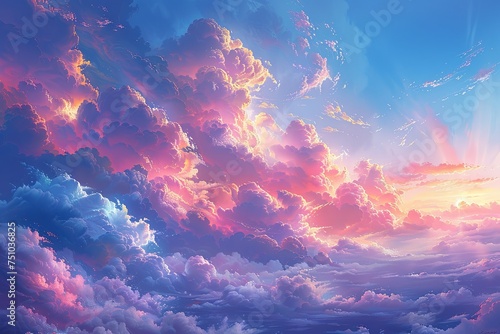 a painting of clouds in the sky, in the style of colorful fantasy, hyper-detailed. Generative AI