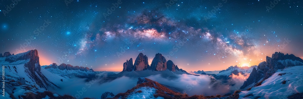 a view of a mountain with stars and the milky, in the style of panorama, captivating chiaroscuro, gauzy atmospheric landscapes, lightbox, wide angle lens, light indigo and dark bronze. Generative AI - obrazy, fototapety, plakaty 