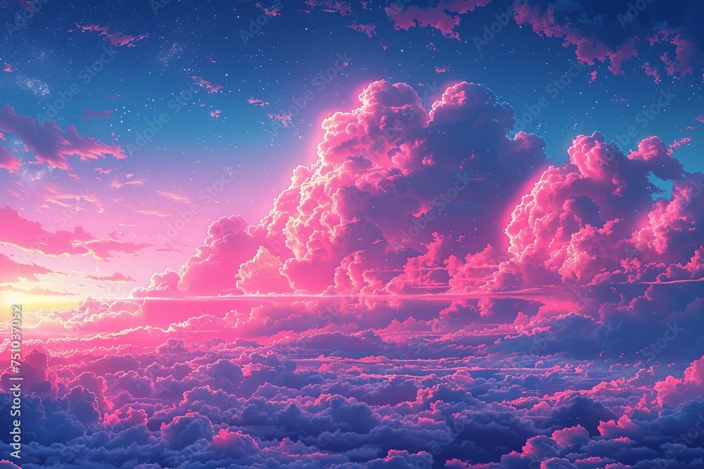 an abstract blue sky with pink and blue clouds, in the style of nostalgic illustration, colorful pixel-art, traditional ink painting, dark pink and light crimson, luminous shadows, japanese-style land an abstract blue sky with pink and blue clouds, in the style of nostalgic illustration, colorful pixel-art, traditional ink painting, dark pink and light crimson, luminous shadows, japanese-style land