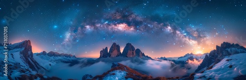 a view of a mountain with stars and the milky, in the style of panorama, captivating chiaroscuro, gauzy atmospheric landscapes, lightbox, wide angle lens, light indigo and dark bronze. Generative AI