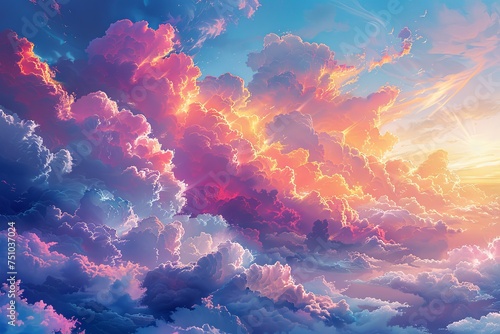a watercolor painting with colorful clouds and blue sky, in the style of realistic fantasy artwork, light magenta and orange, hyper-detailed. Generative AI