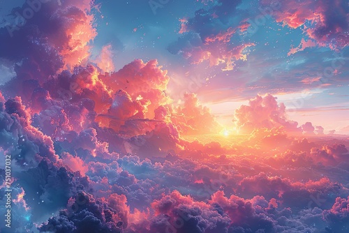 a watercolor painting with colorful clouds and blue sky  in the style of realistic fantasy artwork  light magenta and orange  hyper-detailed. Generative AI