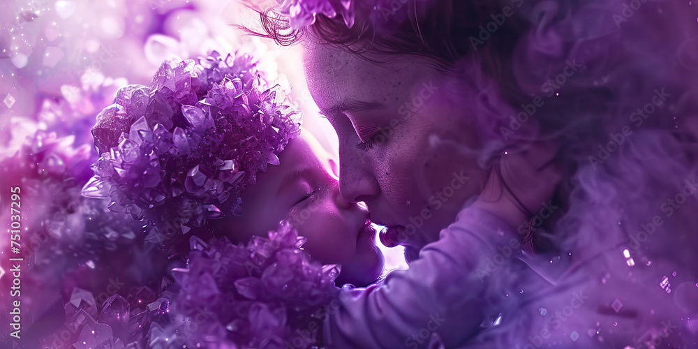 Amethyst Affection Macro Background. A tender close-up of a mother embracing her child, with soft purple hues and warm tones, radiating love and affection - obrazy, fototapety, plakaty 