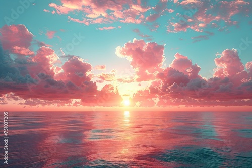 beautiful sky as seen from the ocean  in the style of pastel-colored landscapes  light turquoise and dark pink  vintage imagery  light gold and orange. Generative AI