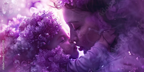 Amethyst Affection Macro Background. A tender close-up of a mother embracing her child, with soft purple hues and warm tones, radiating love and affection