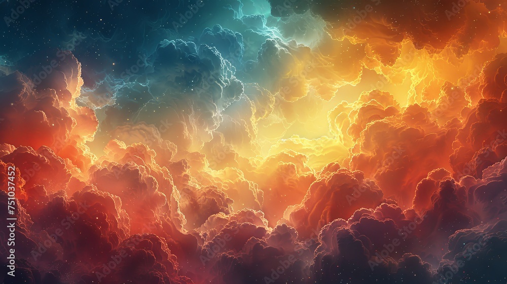 cloud wallpaper angels cloud angel background rainbow skies, in the style of cosmic landscape, photorealistic painting, aerial view. Generative AI