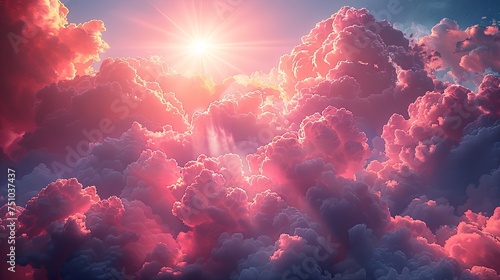 pink sky above clouds, in the style of photorealistic fantasies, light magenta, chromatic landscape, hyper-detailed. Generative AI