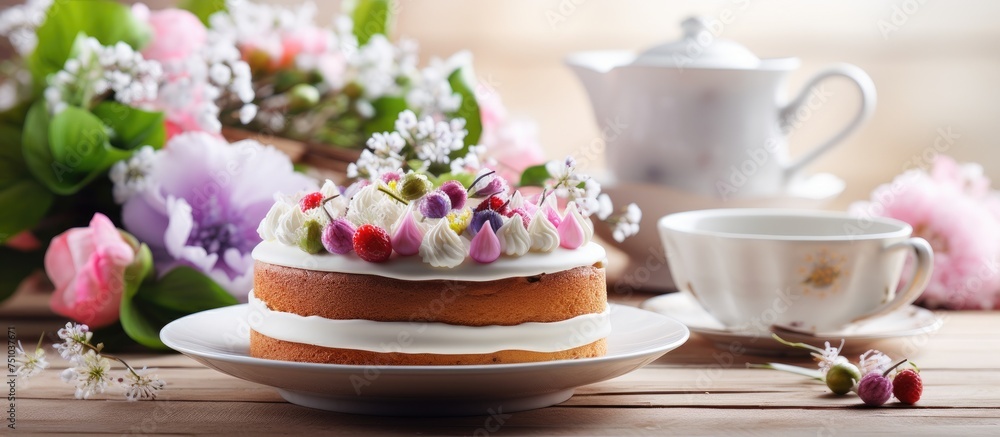 A traditional Easter cake is placed on a white plate, sitting atop a wooden table. The cake is decorated with festive colors and designs, ready to be enjoyed during the holiday celebration. A traditional Easter cake is placed on a white plate, sitting atop a wooden table. The cake is decorated with festive colors and designs, ready to be enjoyed during the holiday celebration.