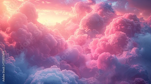 pink sky above clouds  in the style of photorealistic fantasies  light magenta  chromatic landscape  hyper-detailed. Generative AI