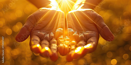 Golden Gratitude Macro Background. A close-up of outstretched hands holding a radiant sun, symbolizing gratitude and appreciation for life's blessings photo