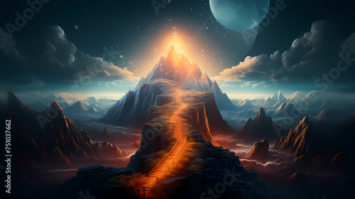 Road to success concept, glowing mountain ladder © ma