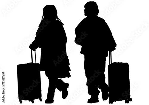 キャリーケースを引いて歩く女性二人の旅行者シルエット