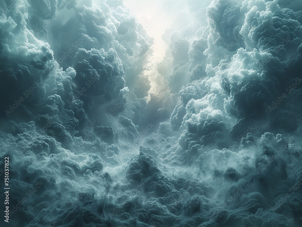 dark and scary clouds, in the style of photorealistic representation, high-angle, lightbox, aerial view, light gray, dreamscapes, highly detailed environments. Generative AI