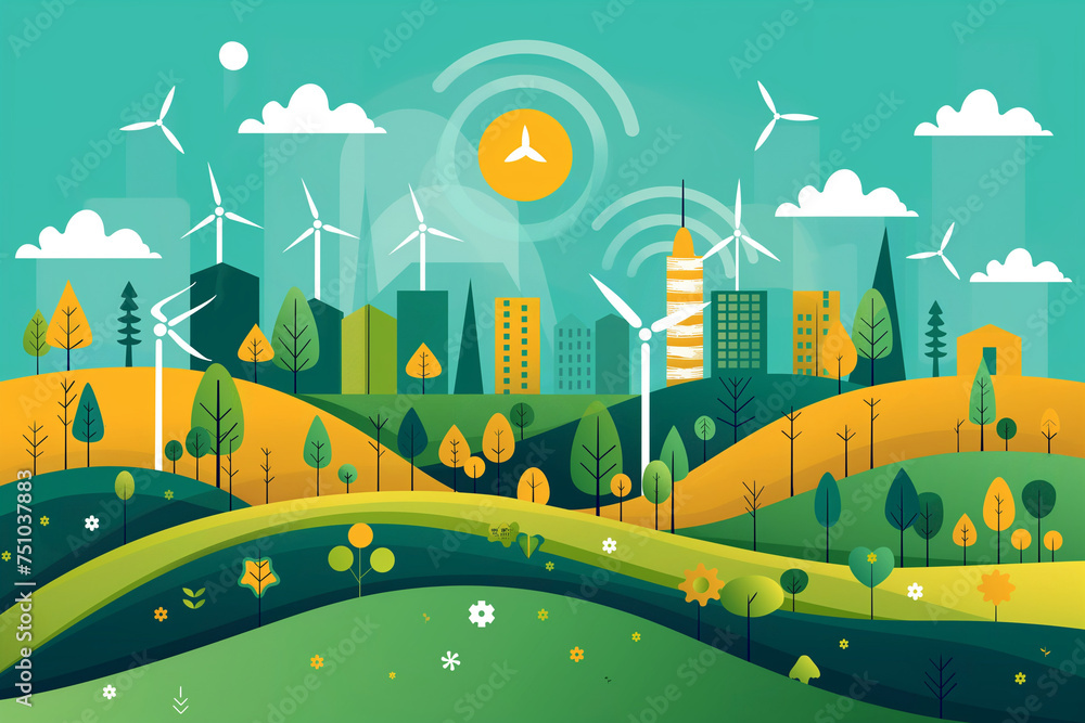 Vector flat illustration of a renewable energy landscape with wind turbines and colorful flowers, a fresh take on wrapping paper patterns. Vector flat illustration.