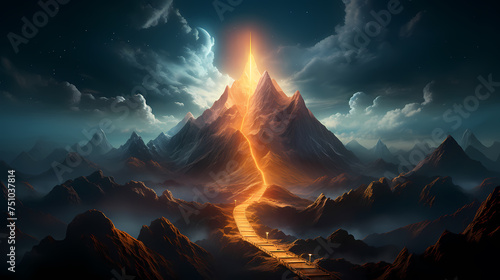 Road to success concept, glowing mountain ladder
