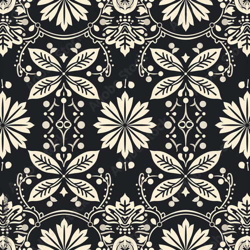 Monochrome floral and geometric seamless pattern for wrapping paper. Vector flat illustration, versatile for packaging, backgrounds, and crafts