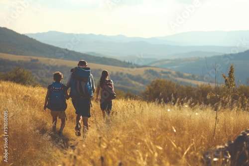 family and friends hiking together, vacation trip