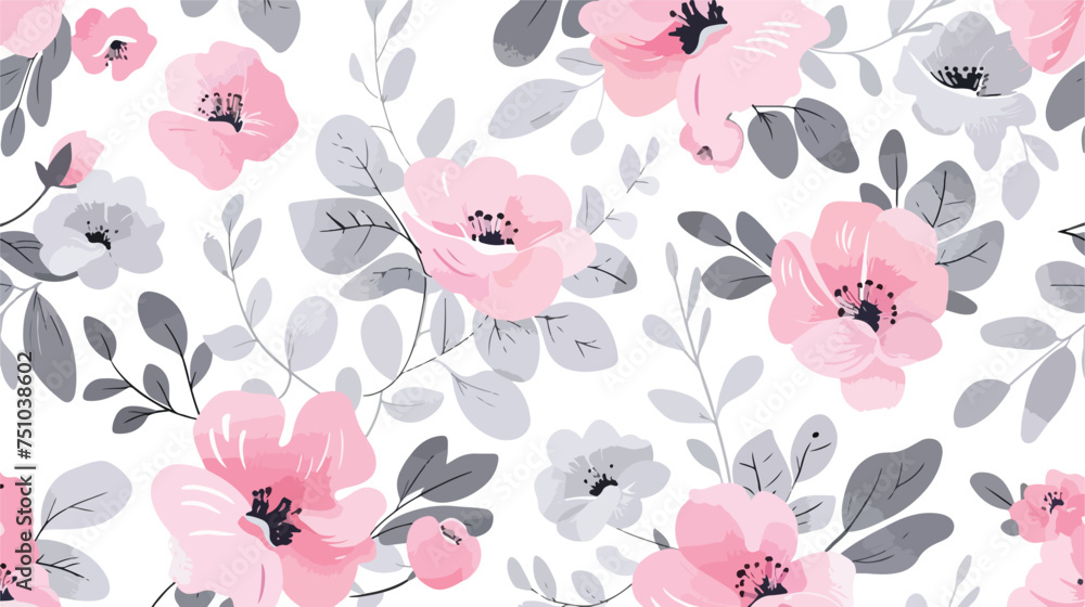 Floral cartoon pattern cute pink grey seamless flowe