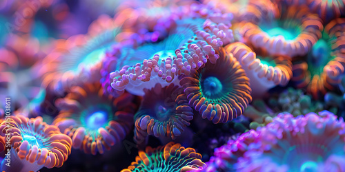 Coral Charm Macro Background. A close-up of vibrant coral reefs  teeming with life and color  showcasing intricate coral formations and marine creatures  evoking wonder and awe