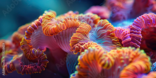 Coral Charm Macro Background. A close-up of vibrant coral reefs, teeming with life and color, showcasing intricate coral formations and marine creatures, evoking wonder and awe © Lila Patel