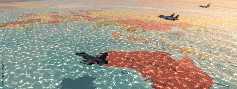 Military Aircraft Patrolling Over a Textured Map of Australia and Oceania