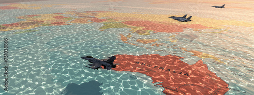 Obraz na płótnie Military Aircraft Patrolling Over a Textured Map of Australia and Oceania w salonie