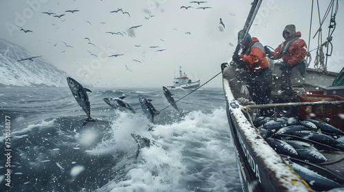 Arctic Harvest. Commercial fishing in the frigid waters of the Alaskan region, A group of resilient fishermen braving the cold to haul in a bountiful catch of tuna and snow crab. photo