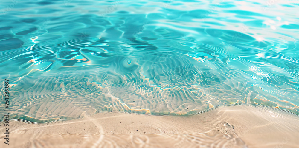 Turquoise Tranquility Macro Background. An immersive close-up of tranquil turquoise waters gently lapping against a sandy beach, with intricate ripples and reflections, offering a sense of peace and r