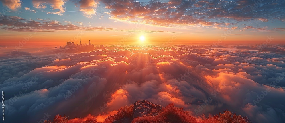 the sun rising above clouds, in the style of photorealistic details, ethereal cloudscapes, aerial view, lightbox. Generative AI - obrazy, fototapety, plakaty 
